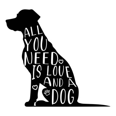 Köpeğin silueti, köpekleri ve arkadaşlığı ifade eden kelimelerle.