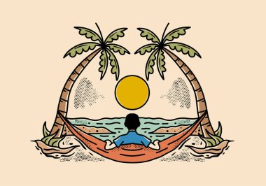 Palmiye ağaçlarının altındaki hamakta dinlenen kişi