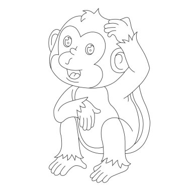 Cartoon monkey character sitting with hands on head and smiling