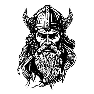 Boynuzlu kasklı, sakallı, erkek Viking savaşçısının siyah beyaz çizimi.