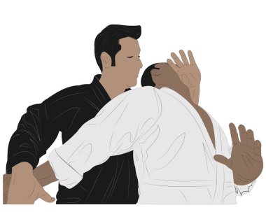 Dövüş sanatları eğitimi almış iki adam siyah beyaz üniforma giyiyor.