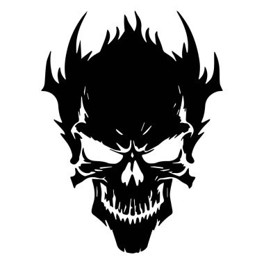 Keskin boynuzlu, tehditkar bir kafatasının siyah beyaz grafiği