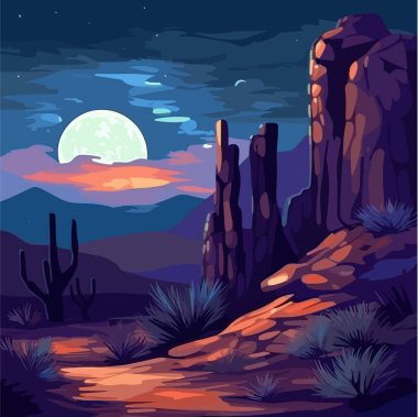 Kayalık oluşumları olan ay ışığında çöl manzarası