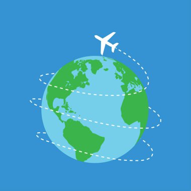 Airplane flying over a stylized globe with blue background and dashed flight path.