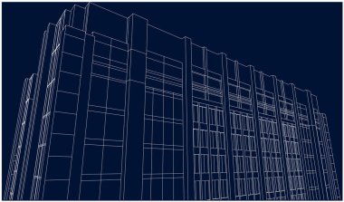 Planlı proje. Modern apartman cephesi ve balkonların mavi ve beyaz telleri.