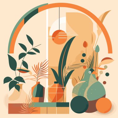 Renkli geometrik şekiller ve canlı tonlarda bitkiler içeren soyut bileşim.