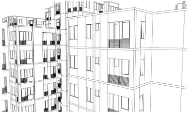 Daireleri, dikdörtgen pencereleri ve mimari detayları olan minimalist beyaz bina cephesi..