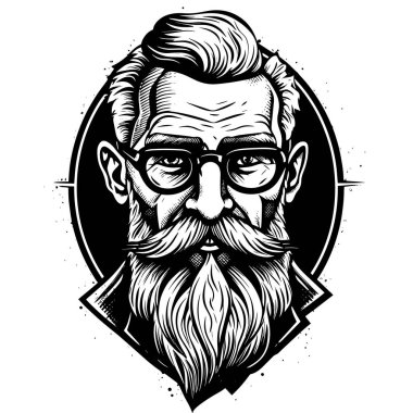 Gözlüklü ve uzun sakallı yaşlı bir adamın siyah beyaz çizimi