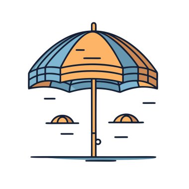 Kumlu sahilde duran renkli plaj şemsiyesi ve arka planda okyanus dalgaları.