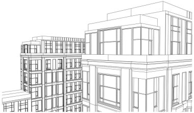 Soyut mimari kablo çerçevesi, tekrarlanan cam pencere yapılarına sahip modern gökdelenlerin alçak açılı perspektifini gösteriyor.