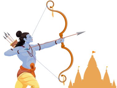 Mavi derili figür, tapınağın yakınlarında ok ve yay kullanıyor.