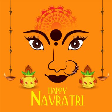 Renkli grafikler Tanrıça yüzü ve dekoratif elementlerle Navratri 'yi kutluyor.