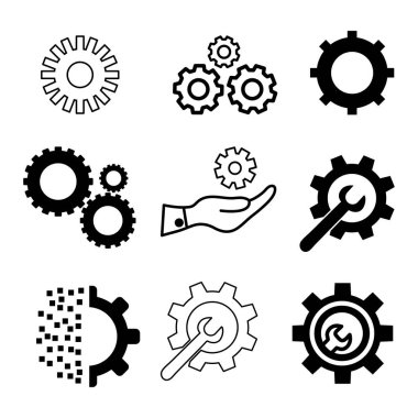 Çeşitli vites ve el aleti simgelerinin bir ızgarada sıralandığı siyah ve beyaz grafikler.