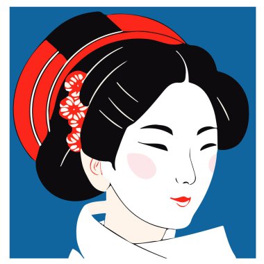 Geleneksel kimono giyen ve süslü saç stili takınan genç bir kadının stilize edilmiş çizimi..