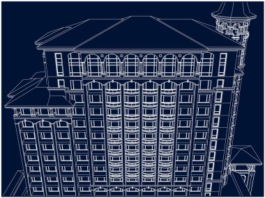 Binanın dış yüzeyi ve pencereleri koyu renk bir donanma arka planına göre çizilmiş..