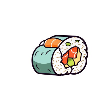 Balık ve sebzeler dahil çeşitli malzemelerle dolu renkli suşi rulosu.