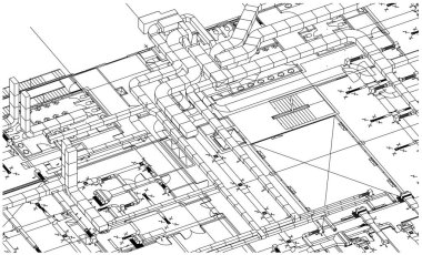 Teknik mimari zemin planı ve boruları, odaları ve iç düzeni gösteren yapısal plan.