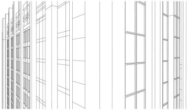 İçinde balkonlar ve pencereler bulunan konut binasının siyah ve beyaz çizimi.