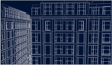 Dairelerin, dikdörtgen pencerelerin olduğu binanın ön cephesinin mavi çizimi. özet doğrusal plan.