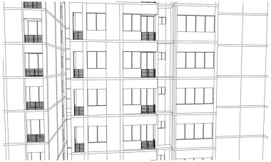 Doğrusal plan. Pencereli bir emlak binasının ön cephesinin siyah beyaz çizimi.