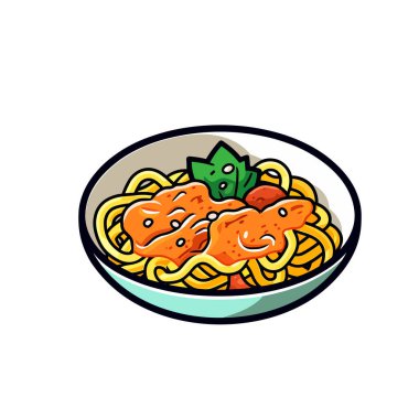 Beyaz arka planda soslu ve yeşil garnitürlü makarna kasesi