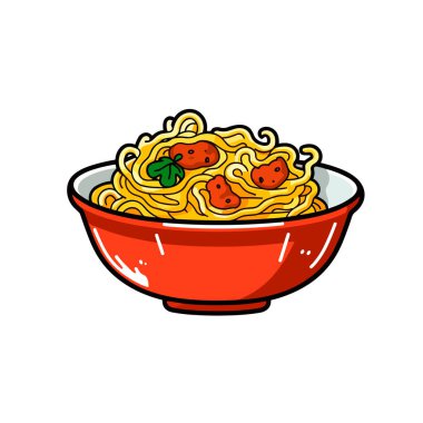 Spagetti ve otlarla süslenmiş köftelerle dolu renkli bir kâse.