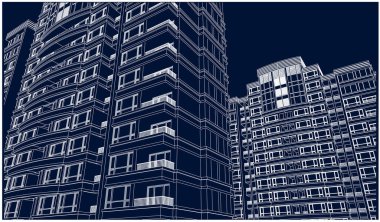 yerleşim planı projesi: karanlık donanma arka planına karşı sayısız dikdörtgen pencereli şehir binası.