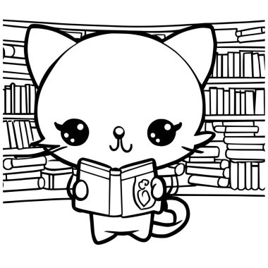 Kütüphanede kitap okuyan şirin bir kedi.