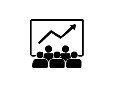 Ekranda sunumu yukarı doğru eğilim grafiğiyle izleyen bir grup insan