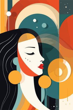 Etrafını saran uzun siyah saçlı ve canlı renklerde bir kadın tasviri.