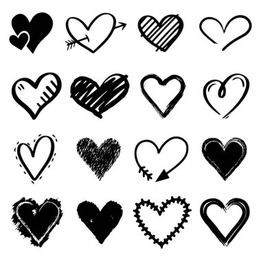 Çeşitli kalp şekillerinin bir ızgaraya dizilmiş siyah beyaz çizimi