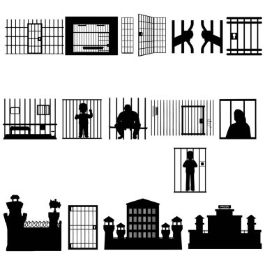Çeşitli hapishane hücrelerinin, parmaklıkların ve mahkûmların siluetlerinin siyah beyaz çizimi.