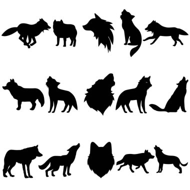 Çeşitli kurt siluetleri farklı pozlarda.