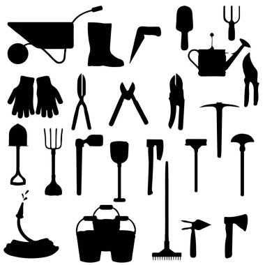 Çeşitli bahçe aletleri ve ekipman siluetleri