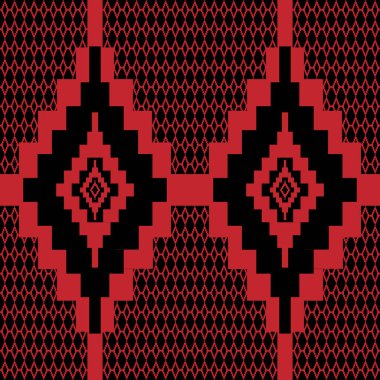 Seamless fabric geometric pattern in red on a black background.