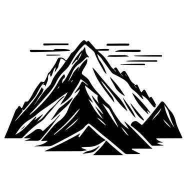 Engebeli zirveleri ve bulutları olan büyük dağların siyah beyaz çizimi.