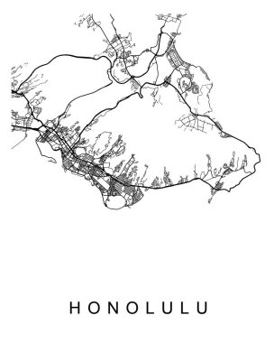 Honolulu 'nun siyah beyaz çizimi kıyı şeridi ve şehir planlarını gösteriyor