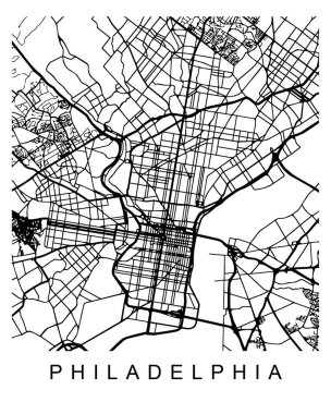 Philadelphia 'nın siyah ve beyaz haritası karmaşık sokak planlarını ve mahallelerini gösteriyor