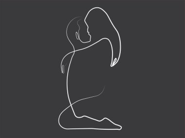 Minimalist sanat eserleri. Kucaklaşan bir çift. Karanlık arka planda özetlenmiş.