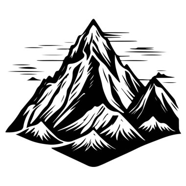 Keskin zirveleri olan büyük bir dağ silsilesinin siyah beyaz çizimi