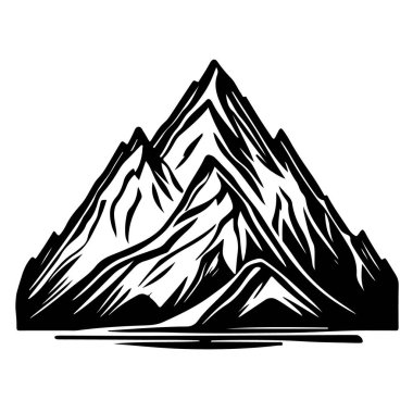 Keskin zirveleri olan engebeli dağların siyah beyaz çizimi