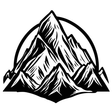 Dairesel güneşin altındaki yüksek dağ zirvelerinin siyah beyaz çizimi