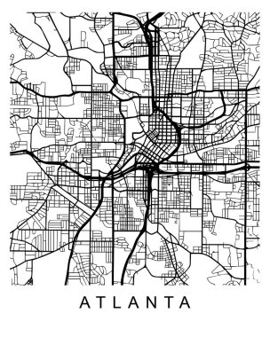 Atlanta 'nın siyah ve beyaz haritası etiketli şehir adını taşıyan caddeleri ve otoyolları gösteriyor