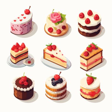 Açık arkaplanda çeşitli malzemelerle sergilenen dokuz çeşit pasta.