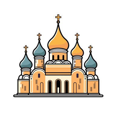 Çoklu kubbeleri ve haçları olan büyük katedralin renkli çizimi