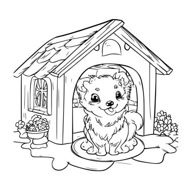 Köpek kulübesinin dışında oturan çizgi film köpeğinin siyah beyaz çizimi