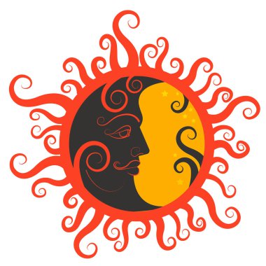 Güneş 'in soyut temsili, dairesel tasarım etrafında kıvrımlı ışınlar var.