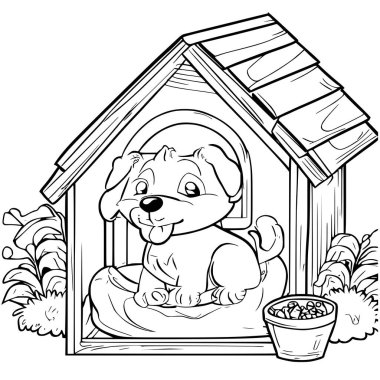 Çiçek saksısıyla küçük ahşap köpek kulübesinde oturan siyah beyaz bir köpek resmi.