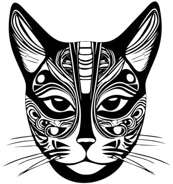 Bir kedinin yüzünün siyah ve beyaz çizimi karmaşık geometrik desenler içeriyor.