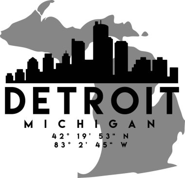 Detroit şehrinin ufuk çizgisiyle Michigan eyaletinin siyah ve beyaz çizimleri